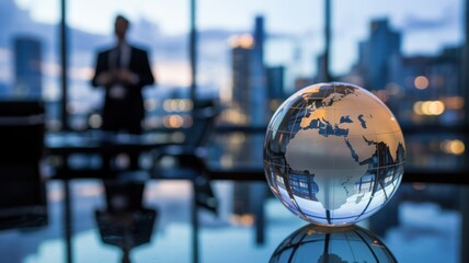 Glass globe on reflective desk with blurred businessman and city skyline adult america