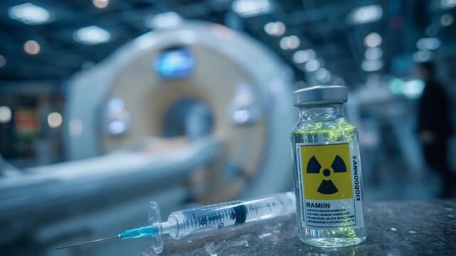 A close-up of a syringe with fluorescent liquid beside a radioactive vial, set against the backdrop of an MRI scanner.