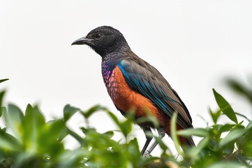 Fototapeta premium A vividly feathered bird shines brightly amid rich green leaves on a clean white backdrop in a nature-themed artwork.