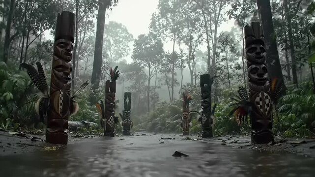 Mysterious forest with wooden totem poles overcast day