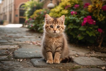 Adorable small tabby kitten resting on the floor