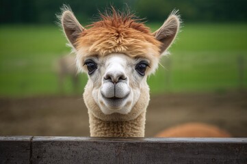 Obraz premium An adorable alpaca gazing upwards inside its pen