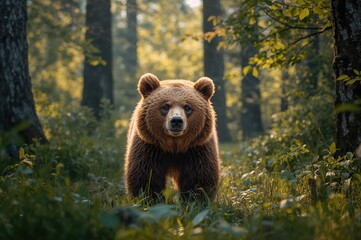 Obraz premium An adorable brown bear roaming through a woodland area