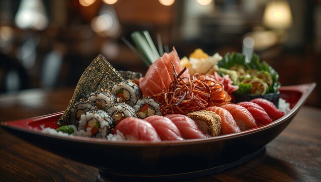 Detailed close-up of assorted sushi on a wooden serving tray - Powered by Adobe