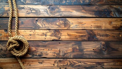 Coiled nautical rope with a knot on a weathered wooden plank wall background, high contrast