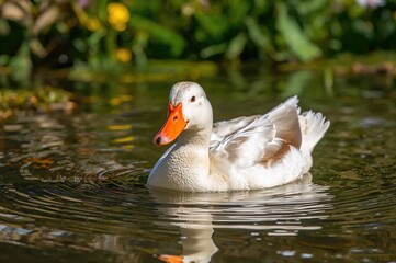 Close-up of a white pekin duck gliding through water