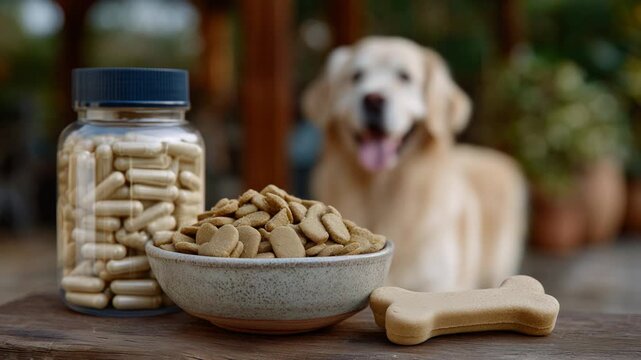 A soft-focus image captures beige vitamins beside a ceramic bowl of dry dog food and a bone treat, highlighting a nurturing pet care environment.