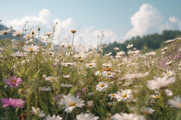 Wildflowers and daisies in a natural setting, summer bloom, garden greenery, springtime love, white blossoms