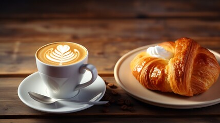 A delicious croissant and a cup of coffee with latte art on a table