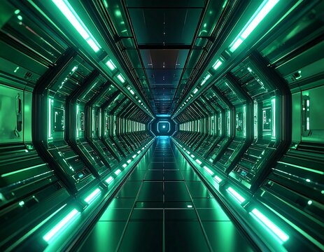Futuristic tunnel with glowing green lights