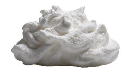 A peak of fluffy white whipped cream with intricate swirls, isolated on transparent background