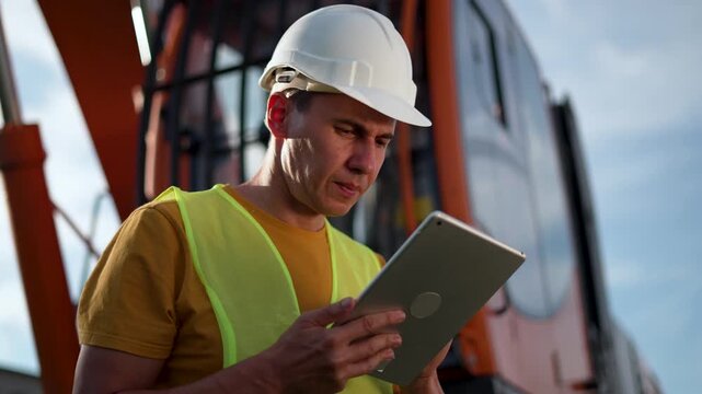 Inspecting crane and machinery with tablet construction worker wearing helmet and vest checks tablet on site near orange crane while operator inspects for safety and maintenance planning process