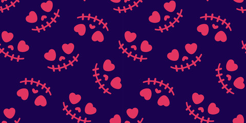 Obraz premium Seamless pattern with cute skull faces made of pink hearts. Playful Halloween design with romantic spooky vibe. For holiday decoration, invitations, printing, wrapping paper, textile. Flat vector.