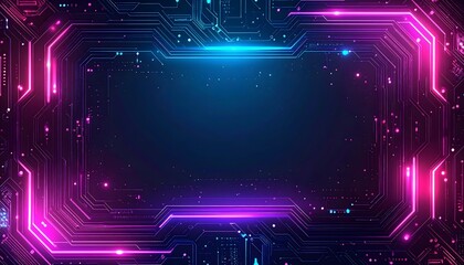 Fototapeta premium Digital illustration of a neon glowing border with pink and blue circuit lines and microchip details