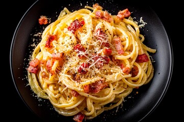 A plate of spaghetti carbonara sits in a black bowl, featuring creamy sauce, crispy pancetta, and a generous sprinkle of grated cheese. This comforting dish is perfect for dinner
