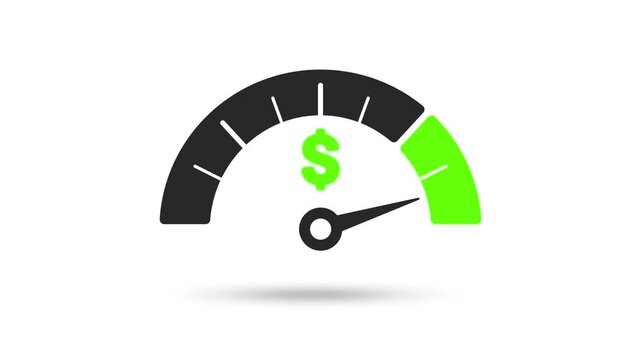 Animated design of a green speedometer with a dollar symbol on a white background.