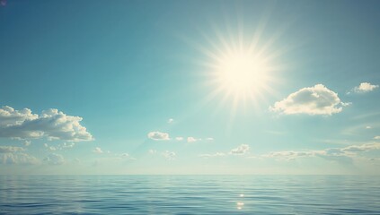 Clear sky with fluffy clouds and sunlight mirrored on water, space available for your message