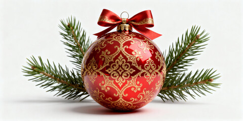 Red Christmas ornament with golden patterns and red bow, placed on pine branches against a white background