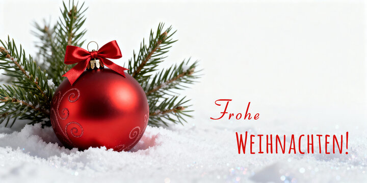 Red Christmas ornament with pine branches on snow and text "Frohe Weihnachten!" meaning "Merry Christmas!" in German