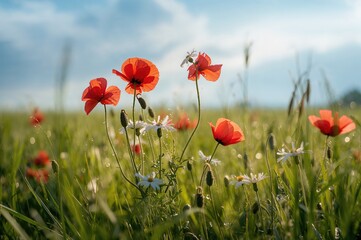 Fototapeta premium Morning sunlight illuminating red poppies and chamomile blooms in the garden