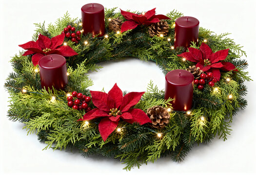 Festive Christmas wreath with red candles, poinsettia flowers, pinecones, berries, and glowing lights on a white background