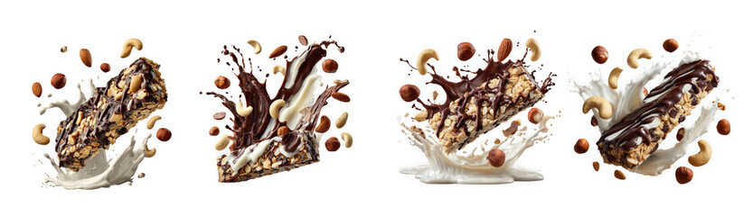 Four energy bars with nuts and chocolate, splashing into milk, isolated on transparent background