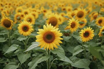 Obraz premium A lively field bursting with radiant yellow sunflowers amid rich green foliage.