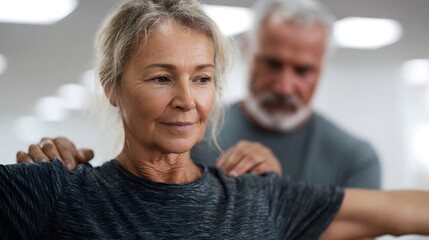 Elderly woman receiving physical therapy and support from a male caregiver during an exercise session in a bright clinic
