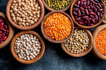 Multiple wooden bowls filled with a diverse selection of legumes and pulses are displayed on a dark...