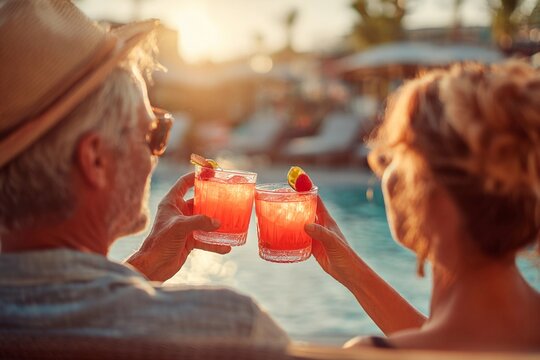 A couple sits together by a pool, raising their colorful cocktails in celebration. The warm sunlight creates a romantic atmosphere, perfect for relaxation