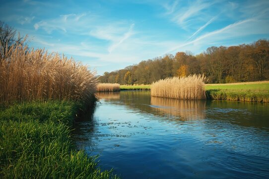 Clear blue sky above a river bordered by dry reeds mirrored in the water, showcasing nature's spring landscape with grass and trees in soft light. - Powered by Adobe