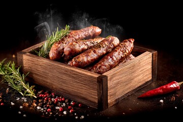 A selection of grilled sausages arranged in a wooden box emits steam, surrounded by fresh herbs, spices, and chili. The dark background enhances the savory appeal