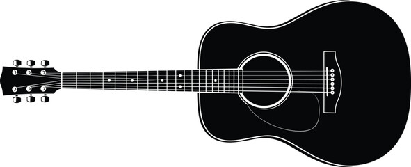 Acoustic guitar silhouette, black vector icon, musical instrument clipart, minimalist design, horizontal layout, sound hole, strings, fretboard, bridge