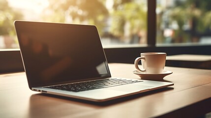 Fototapeta premium Laptop and coffee cup on a wooden table by the window