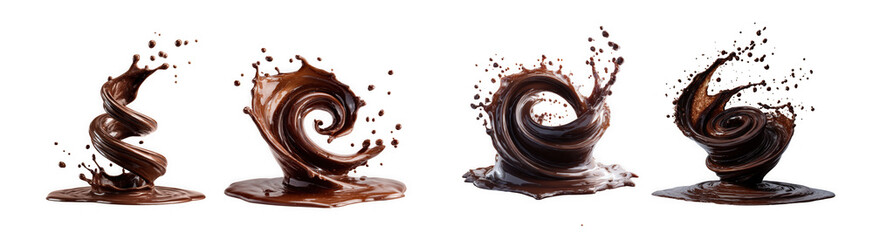 Four dynamic splashes of rich dark chocolate in motion, isolated on transparent background