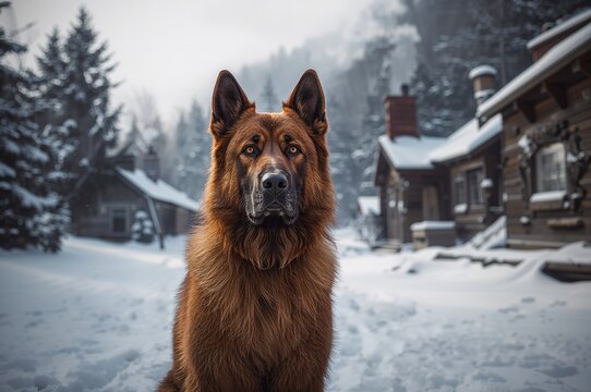 Winter guard dog standing near wooden buildings in a snowy rural area