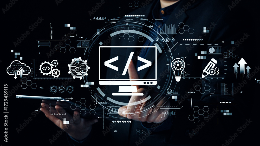 Wall mural modern web development concept featuring coding symbols, web development process, web development in