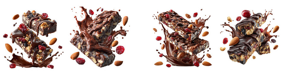 Four chocolate granola bars with nuts and berries splashing in chocolate, isolated on transparent background