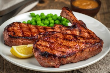 Charbroiled pork T-bone chops served with steamed green peas and a lemon wedge on a white dish atop a wooden surface with mustard, landscape orientation