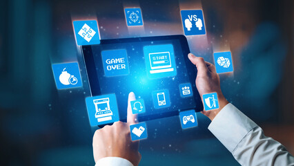 Gaming icons show online gaming, game streaming, and interactive play. Gaming supports esports, game community, and digital gaming experience. Gist