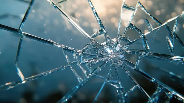 A broken glass window with a blue sky in the background