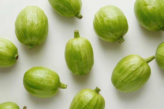Cluster of fresh chayote fruits on a plain white backdrop