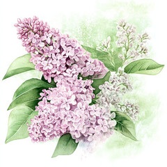 Lilac flowers watercolor illustration, blooming branch, spring floral, botanical design, garden blossom art, vintage floral decor, pastel nature artwork