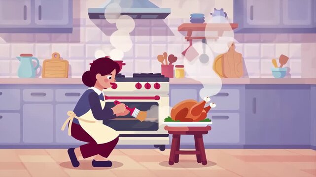 Flat style animated woman basting roasted turkey with brush in minimal kitchen interior. Thanksgiving simple animation atmosphere