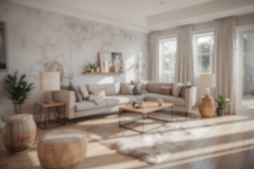 Fototapeta premium Soft-focus backdrop of a vibrant and welcoming contemporary lounge area with a comfy corner sofa, abundant sunlight pouring in from expansive glass panes, and chic decorative accents.