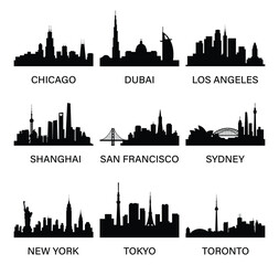 Obraz premium World city skyline silhouettes. Chicago, Dubai, Los Angeles, Shanghai, San Francisco, Sydney, New York, Tokyo, Toronto. Vector illustration.