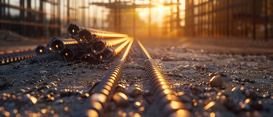 Rhythmic pattern of sunlight on rebar, evoking concepts of strength and progress