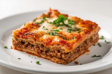 Close-up of a plate featuring layered ground meat pasta topped with gooey cheese and vibrant parsley