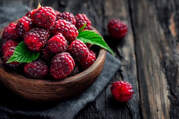 A wooden bowl filled with ripe raspberries sits on a textured dark table. The berries are vibrant...