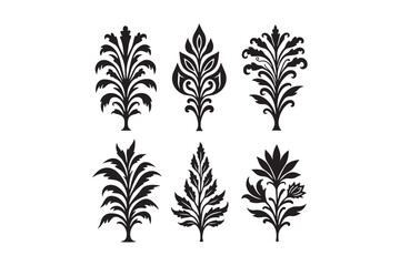Collection of six stylized black floral and leafy motifs